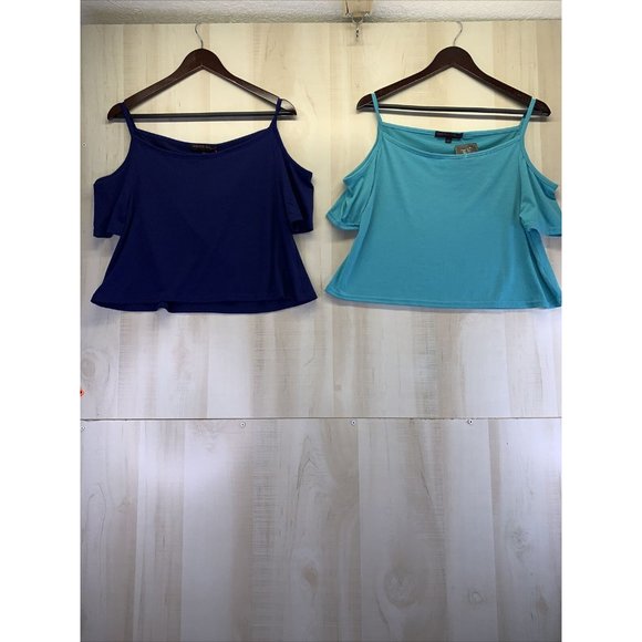 Laugh Out Loud Always Womens Lot Of 2 Blue Cold Shoulder Crop Tank Tops Size M- - Picture 1 of 8